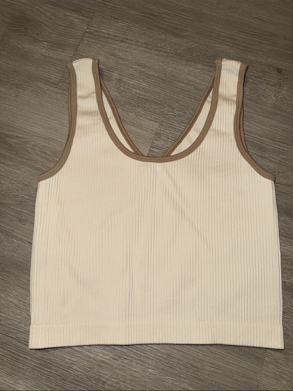 Cream Ribbed V-Neck Tank with Tan Trim - Women - Picture 2 of 3